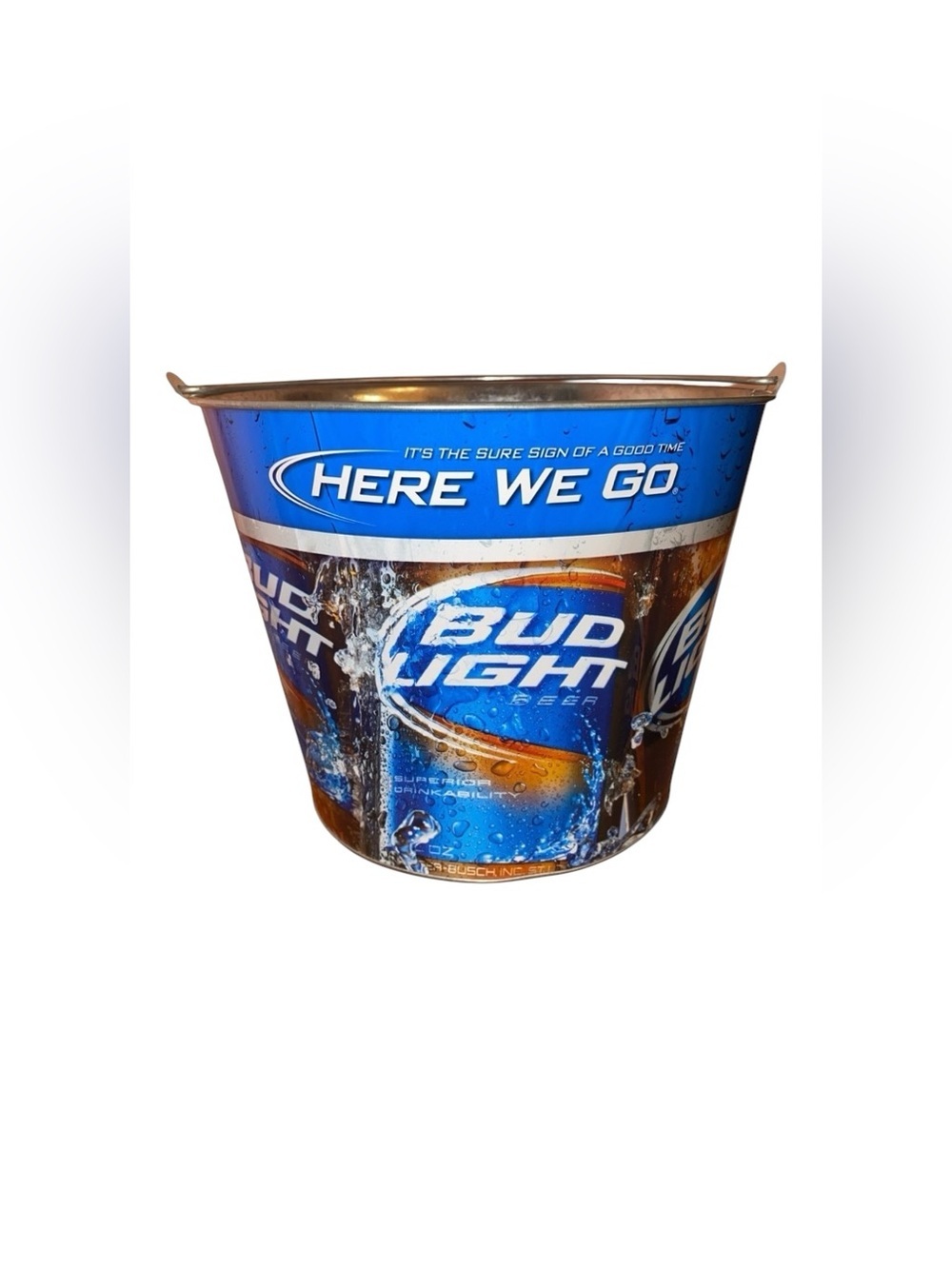 BUD LIGHT METAL ICE BUCKET Galvanized Metal Bucket with Top Handle in Blue/Tan